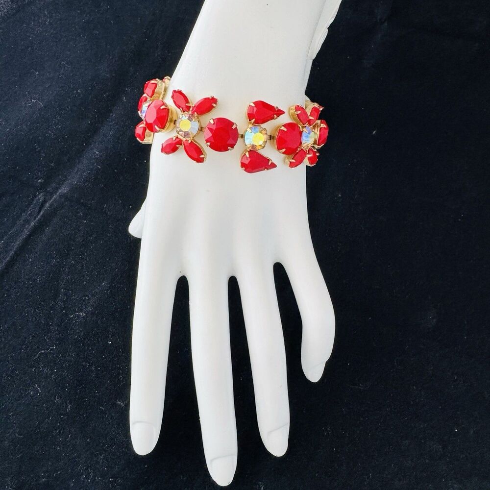 Vintage WEISS Red Glass Cabochon Aurora Borealis Rhinestone Floral Bracelet